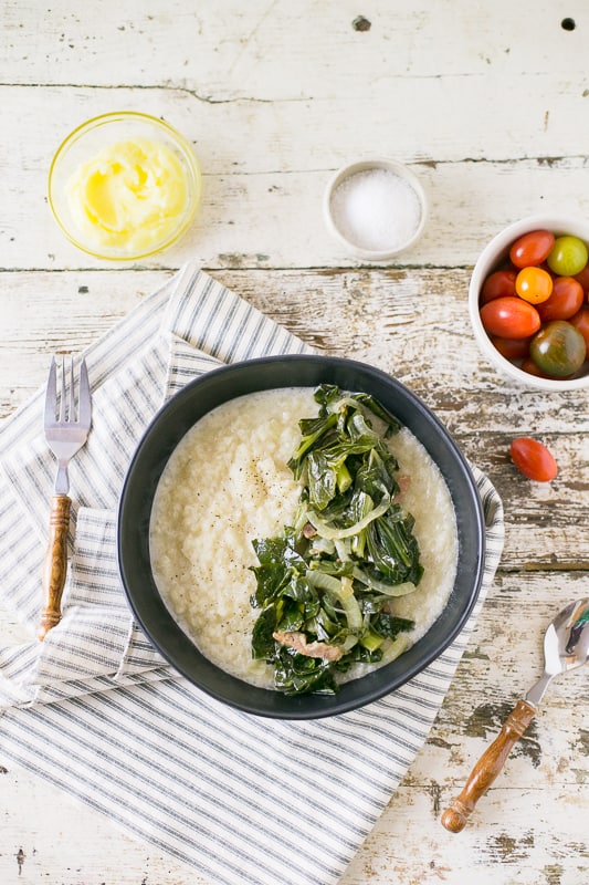 Whole30 Southern Cauliflower Grits and Collard Greens | Kimbrough Daniels