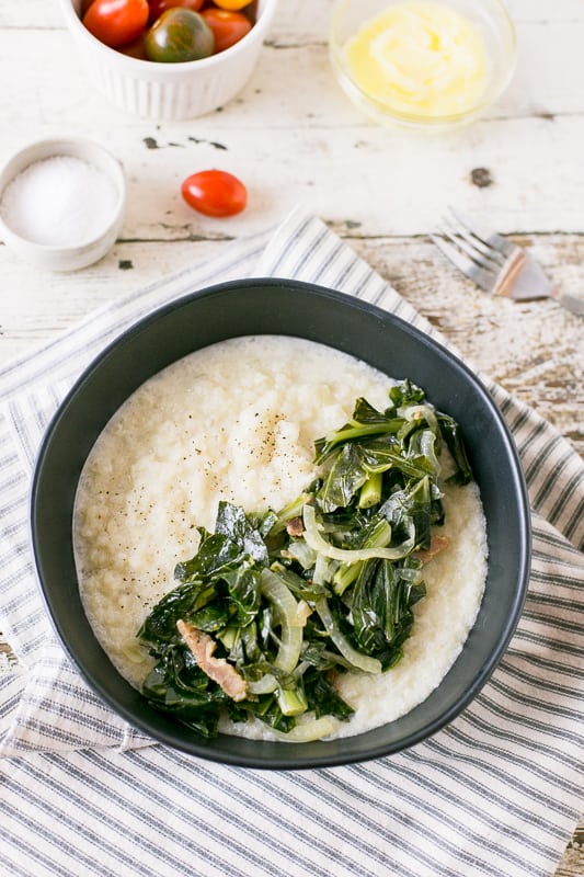 Whole30 Southern Cauliflower Grits and Collard Greens | Kimbrough Daniels