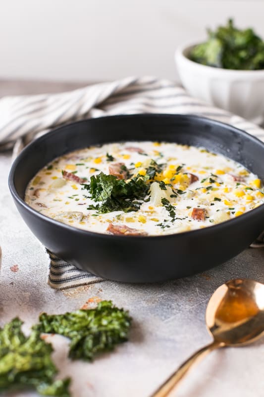 Spicy Corn Chowder and Sausage Chowder with Crispy Kale | Kimbrough Daniels